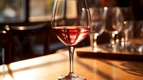 Close-up of a single glass of red wine on a wooden table with a blurred background