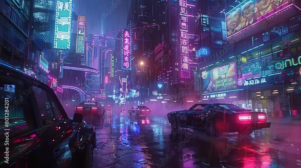 cyberpunk alleyway with neon signs and cars, featuring a black car and a tall building in the backg