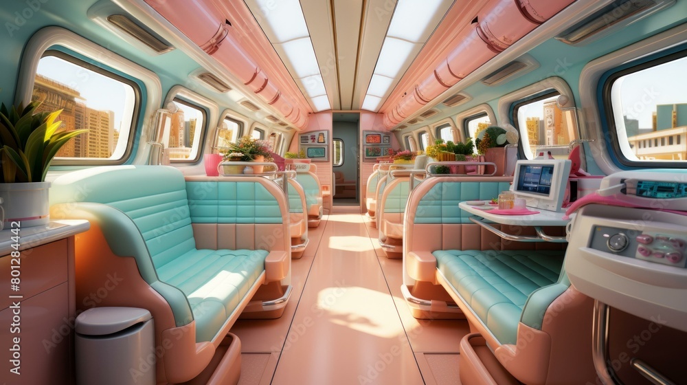 A pink and blue retro futuristic train interior with large windows