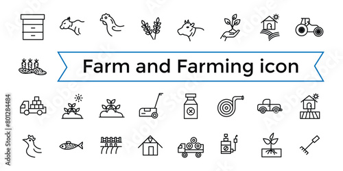 Farm and Farming, Agriculture line web icon set. Contains related to Greenhouse, Haystack, Harvest and more. Outline icons collection. Icon collection. Editable vector icon and illustration..