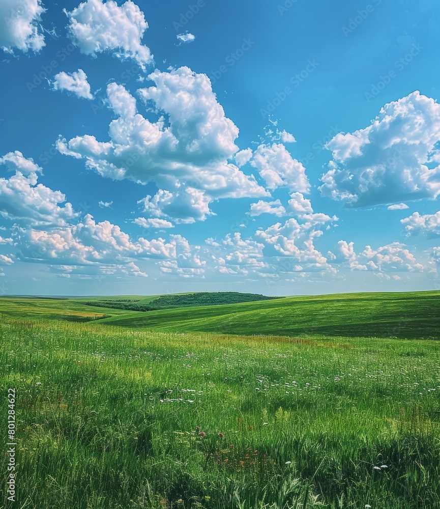 Obraz premium Green rolling hills under a blue sky with white clouds