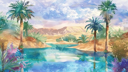 desert oasis with palm trees and blue sky