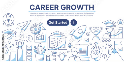 Career growth, business and education icons composition. Infographics elements with symbols of upskill, career ladder, goal achievement. Modern line vector design for web, banner, poster, landing page