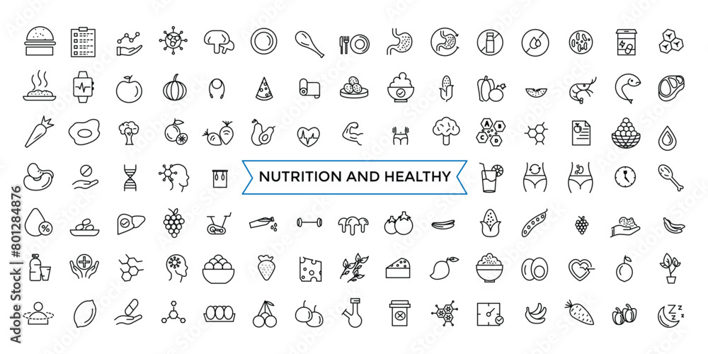 Fototapeta premium Nutrition and Healthy food Vector Icons. Contains related to Caunt Calories, Palm oil free, Zero thans fat, Probiotics and more. Outline icons collection.