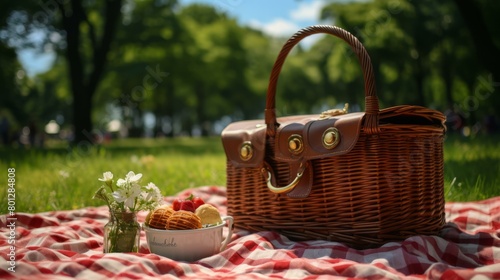 Picnic in the park with a basket full of snacks