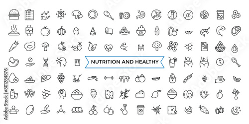 Nutrition and Healthy food Vector Icons. Contains related to Caunt Calories, Palm oil free, Zero thans fat, Probiotics and more. Outline icons collection.