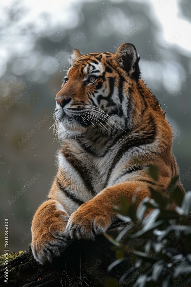 A tiger is sitting on a tree branch in the rain