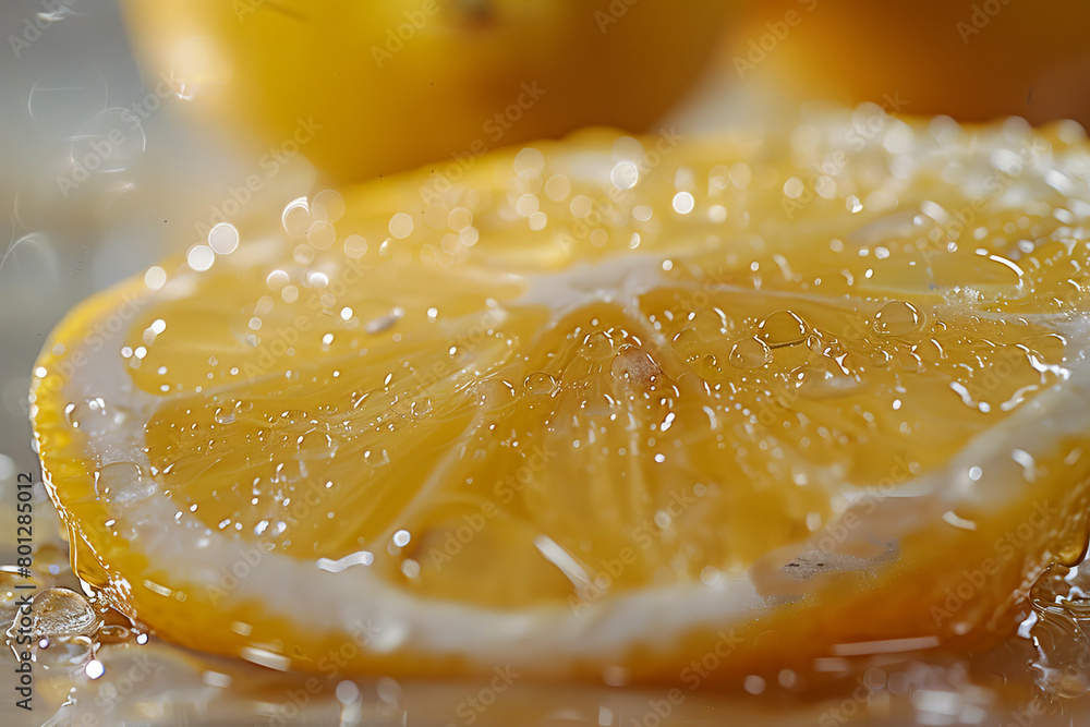 A close up of a lemon slice with water droplets on it A close up of a lemon slice with water droplets on it