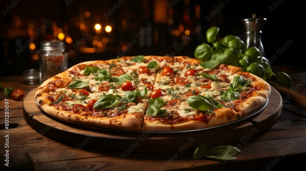 A delicious pizza with tomatoes, basil, and cheese