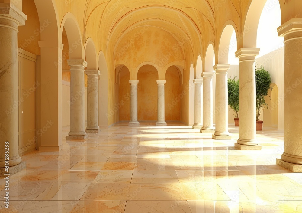 Elegant mediterranean courtyard with roman columns and marble floor
