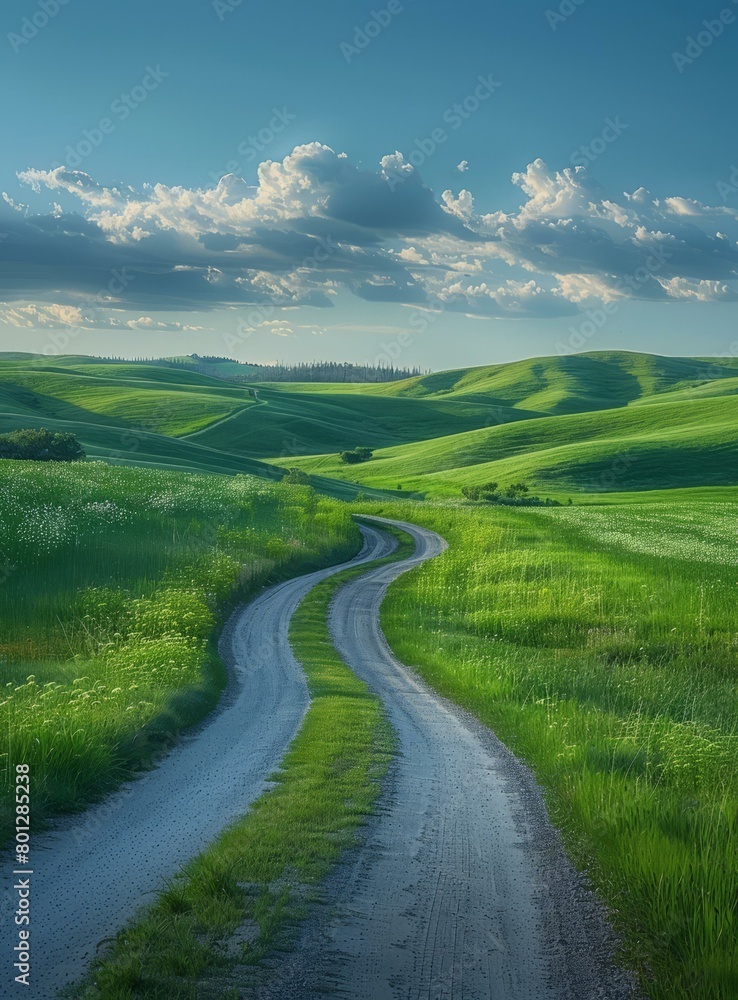 Scenic view of a rural road through green rolling hills