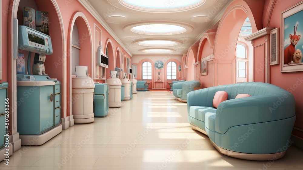 Fototapeta premium Pink and blue retrofuturistic hospital waiting room