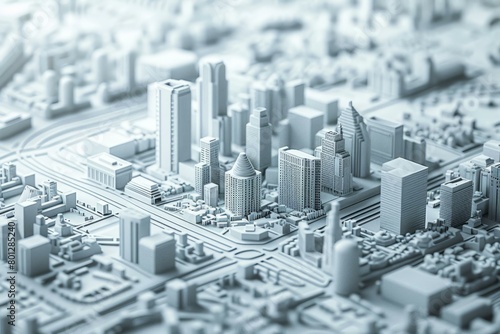 A 3D rendering of a city with tall buildings and wide roads