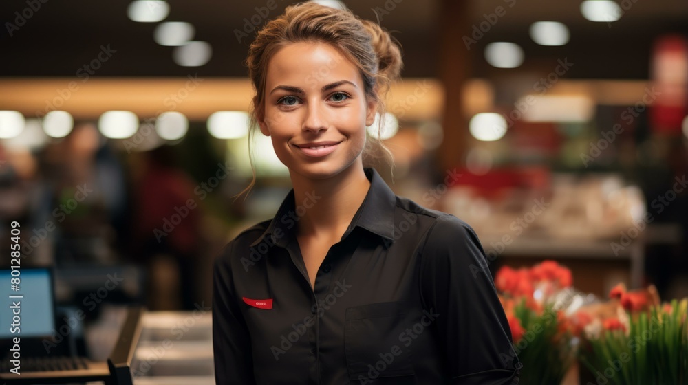 Fototapeta premium Portrait of a young woman working in a supermarket