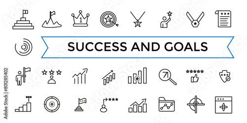 Success and Goals Vector Line Icons Collection. Contains related to Achievment, Handshake, Victory and more. Outline icons pack. Icon collection. Editable vector icon and illustration.