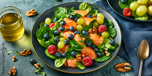 A blue plate with a salad of blueberries, walnuts, and salmon