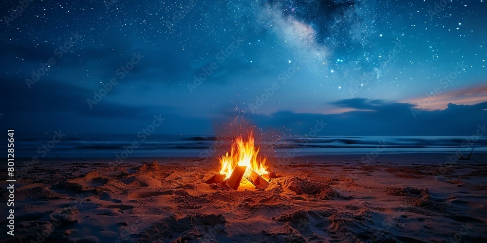 A bonfire burns on the beach at night under a starry sky
