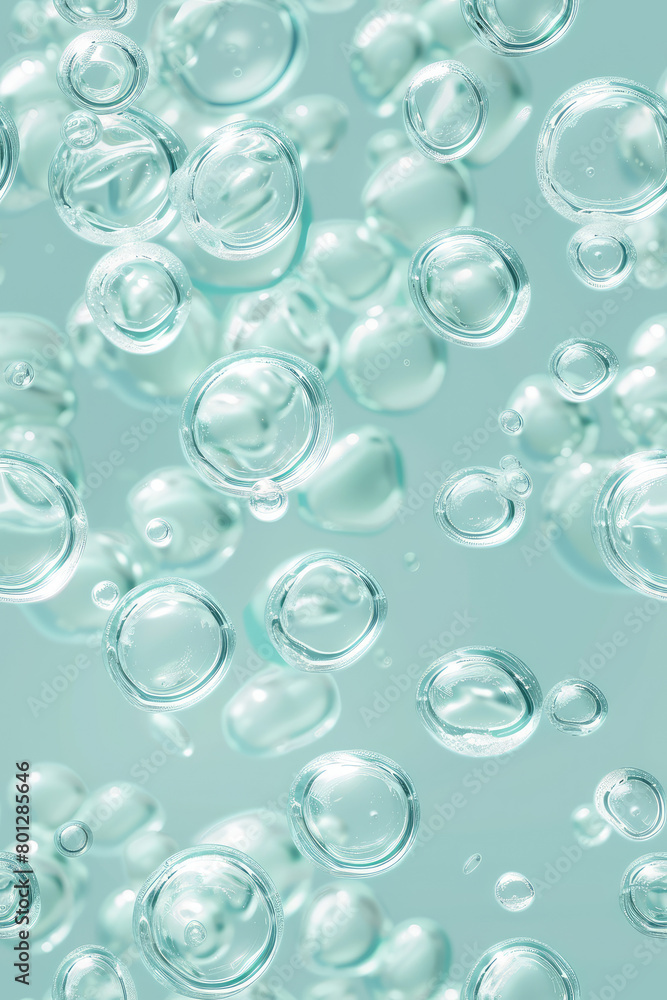 Essential water Bubbles for cosmetics. Liquid bubble, fluid Collagen, atoms floating, abstract background seamless pattern texture. 3D render illustration style. Background for wallpaper