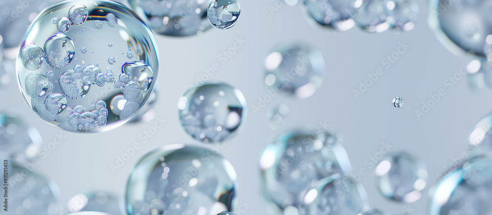 Essential water Bubbles for cosmetics. Liquid bubble, fluid Collagen, atoms floating, abstract background seamless pattern texture. 3D render illustration style. Background for wallpaper Essential water Bubbles for cosmetics. Liquid bubble, fluid Collagen, atoms floating, abstract background seamless pattern texture. 3D render illustration style. Background for wallpaper