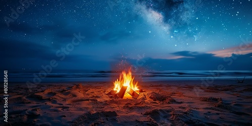 A bonfire burns on the beach at night under a starry sky photo