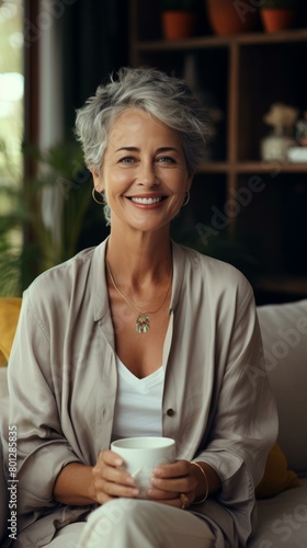 A beautiful middle-aged woman with short gray hair is sitting on a couch and smiling at the camera.