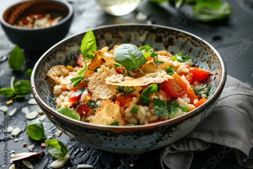 Veggie risotto with parmesan chips