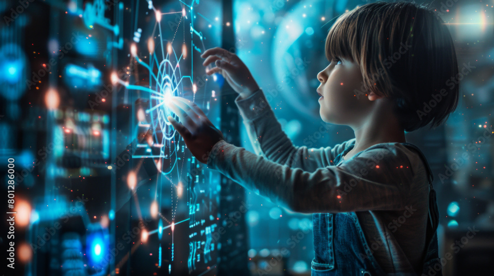 A child wearing overalls, focusing intently on a neural network diagram projected on a wall, they are in a science lab filled A child wearing overalls, focusing intently on a neural network diagram projected on a wall, they are in a science lab filled