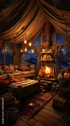 Cozy bedroom interior with fireplace and mountain night view