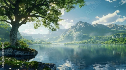 fantasy landscape with mountains lake and tree