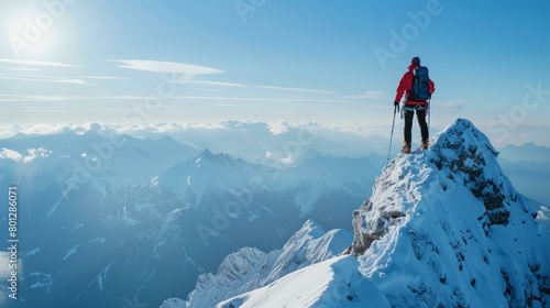 Mountaineer on the summit of a snow-capped mountain photo