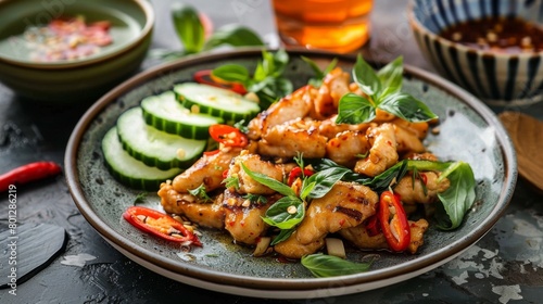 A plate of Thai basil chicken stir-fry served with a side of fresh cucumber slices and spicy chili dipping sauce, offering a delightful balance of flavors.
