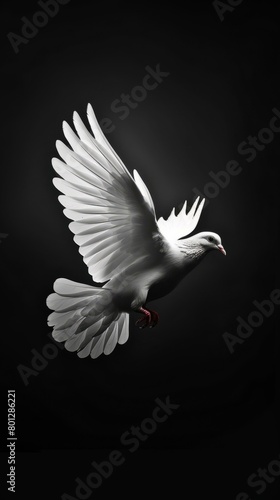 A white dove flies with its wings spread wide photo