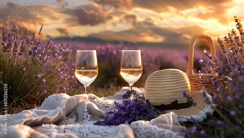  lavender fields in full bloom under the golden sunset, with two glasses of white wine and an elegant straw hat resting on soft fabric nearby