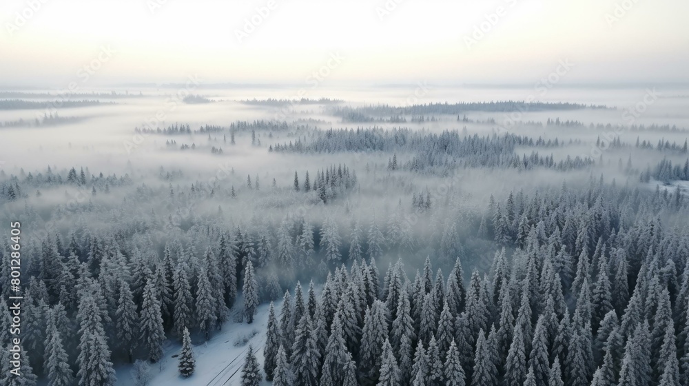 Winter forest with snow-covered trees and a road Winter forest with snow-covered trees and a road
