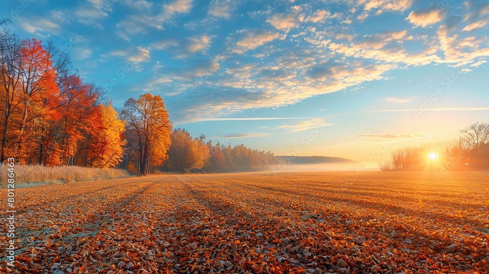 Panoramic view of a tranquil countryside at sunrise with colorful autumn foliage Panoramic view of a tranquil countryside at sunrise with colorful autumn foliage