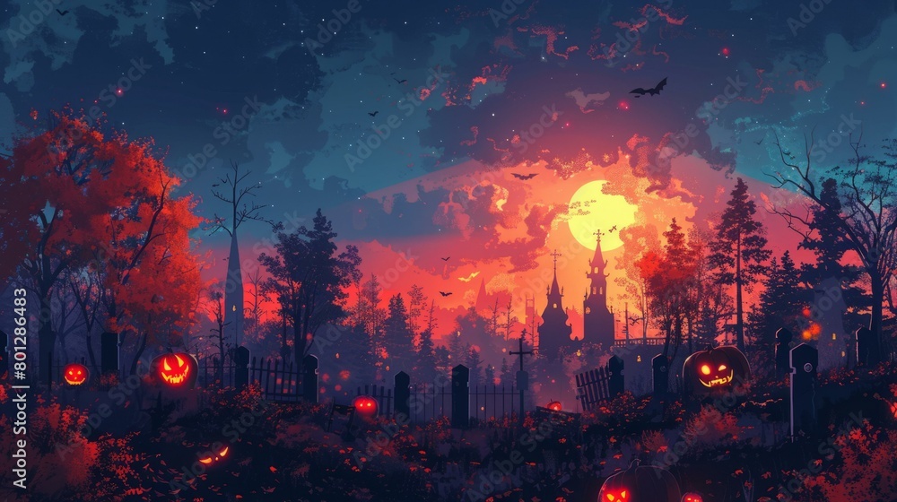 Halloween Pumpkin Night Graveyard Cemetery Full Moon Bats Halloween Pumpkin Night Graveyard Cemetery Full Moon Bats