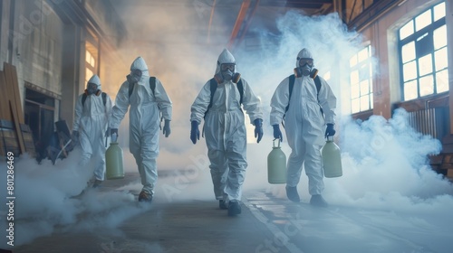 A group of exterminators equipped with protective suits and equipment fumigating a commercial warehouse to eradicate a stubborn pest problem photo