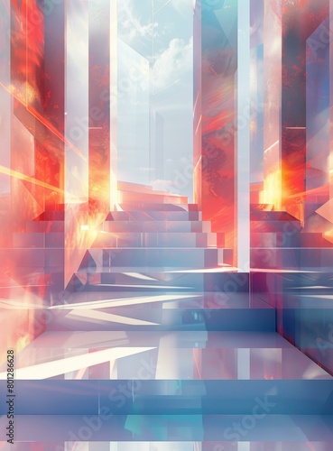 Mystical surreal landscape with glowing crystal pillars and stairs photo