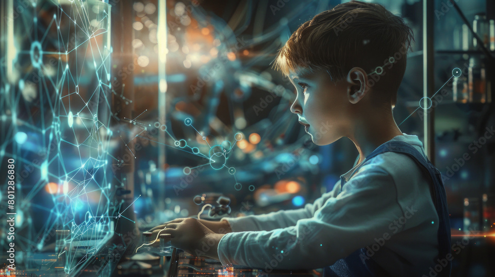 A child wearing overalls, focusing intently on a neural network diagram projected A child wearing overalls, focusing intently on a neural network diagram projected