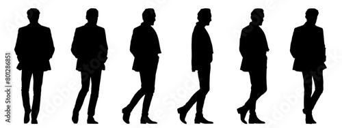 Vector concept conceptual black silhouette of a man in an elegant costume from different perspectives isolated on white background. A metaphor for fashion, entertainment and lifestyle