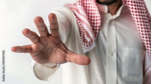 Arabic man wearing a Saudi bisht and traditional white shirt, hand gesture: opening 5 fingers to the front. photo