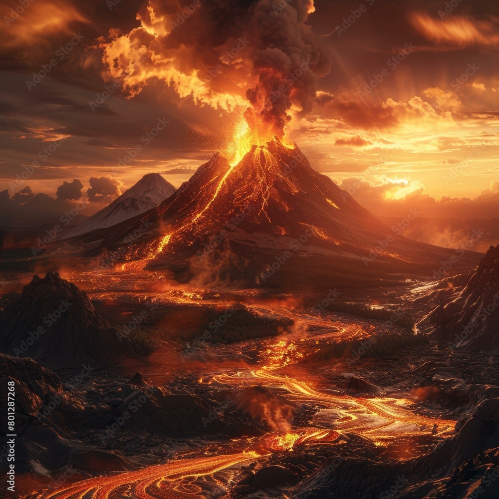 Fototapeta premium Lava Flowing Down a Mountainside During a Volcanic Eruption