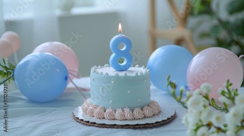 Celebratory cake with number 8 candle  balloons  and decorations for anniversary or birthday event