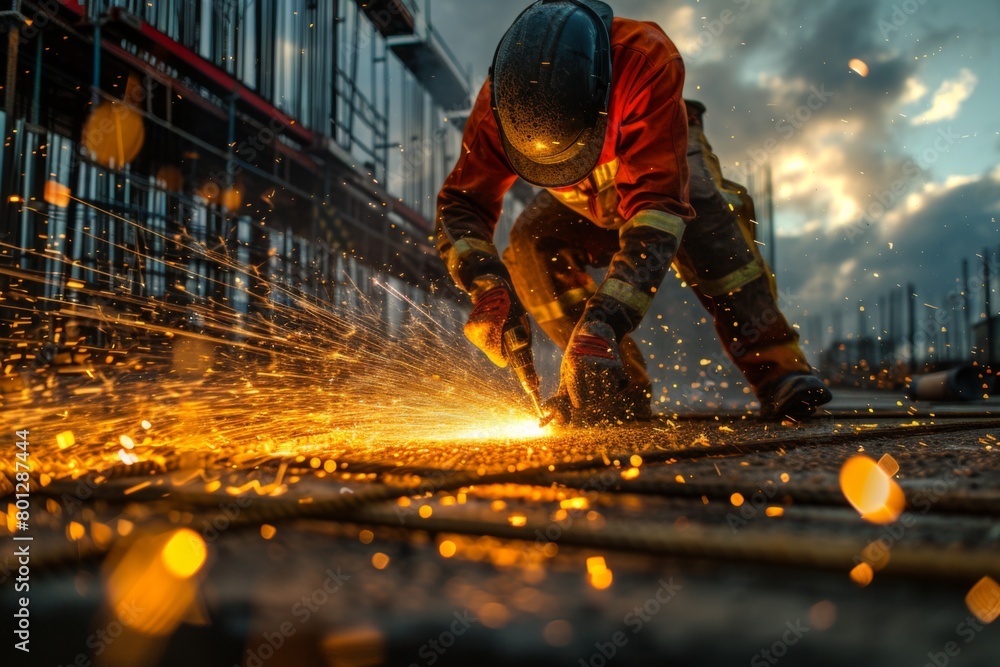 A construction worker expertly wields a heavy-duty drill, sending sparks flying across the concrete surface, highlighting the worker's protective gear and the bustling construction site. A construction worker expertly wields a heavy-duty drill, sending sparks flying across the concrete surface, highlighting the worker's protective gear and the bustling construction site.