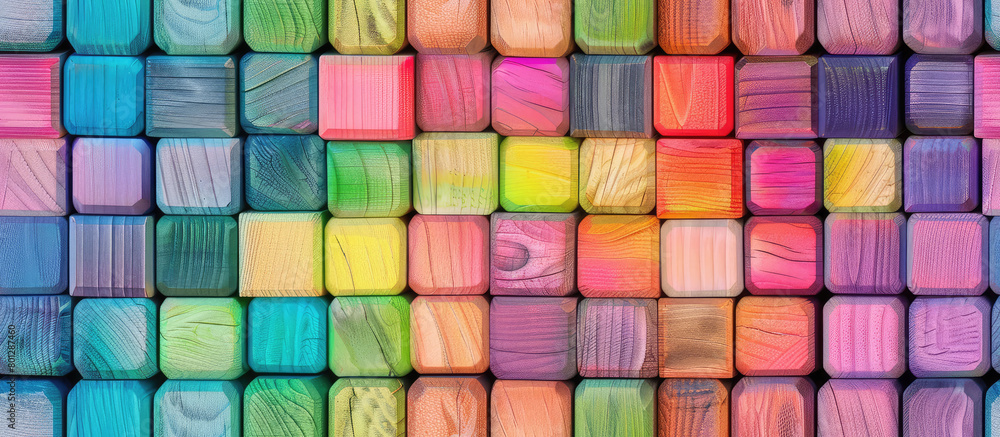 Rainbow colors wooden square pastel cubes, abstract background seamless pattern texture. 3D render illustration style. Background for wallpaper, tapestry, cloth, fabric printing, web. Rainbow colors wooden square pastel cubes, abstract background seamless pattern texture. 3D render illustration style. Background for wallpaper, tapestry, cloth, fabric printing, web.