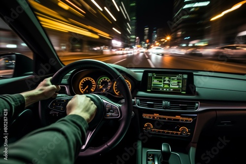 Man driving a car at night on a busy road with city lights in the background © duyina1990