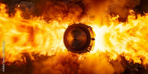 Rocket engine firing with flames and smoke