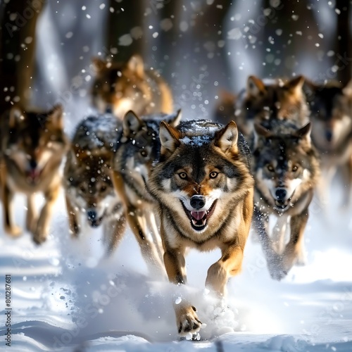 A pack of gray wolves rushes forward in the snow photo