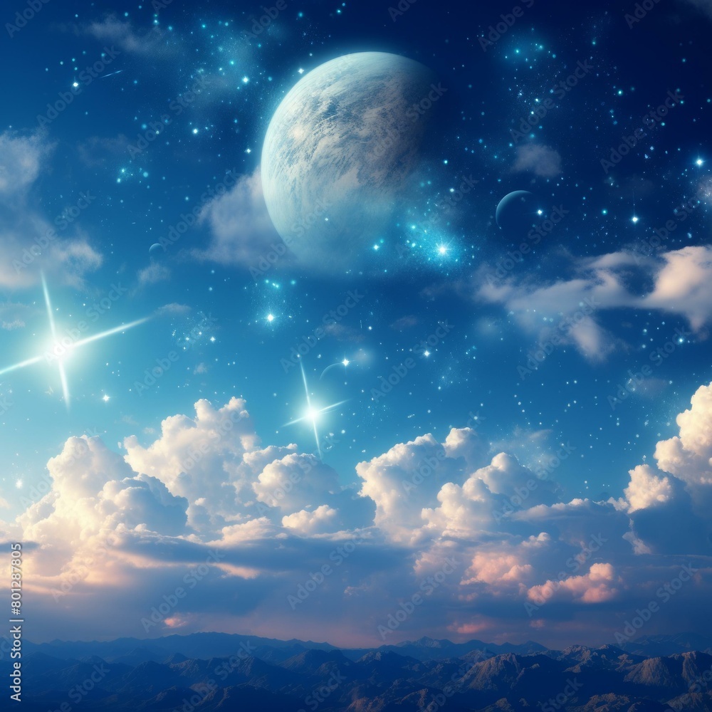 Fantasy landscape with blue planet and stars