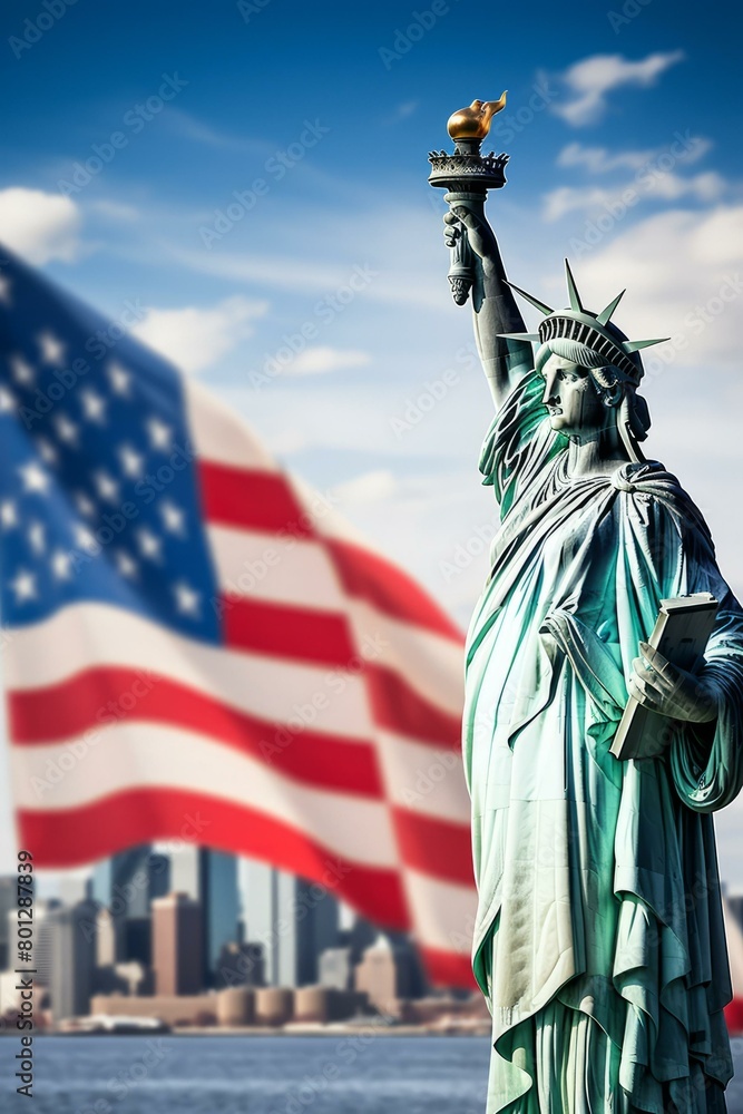 Fototapeta premium Statue of Liberty with American flag waving in the background